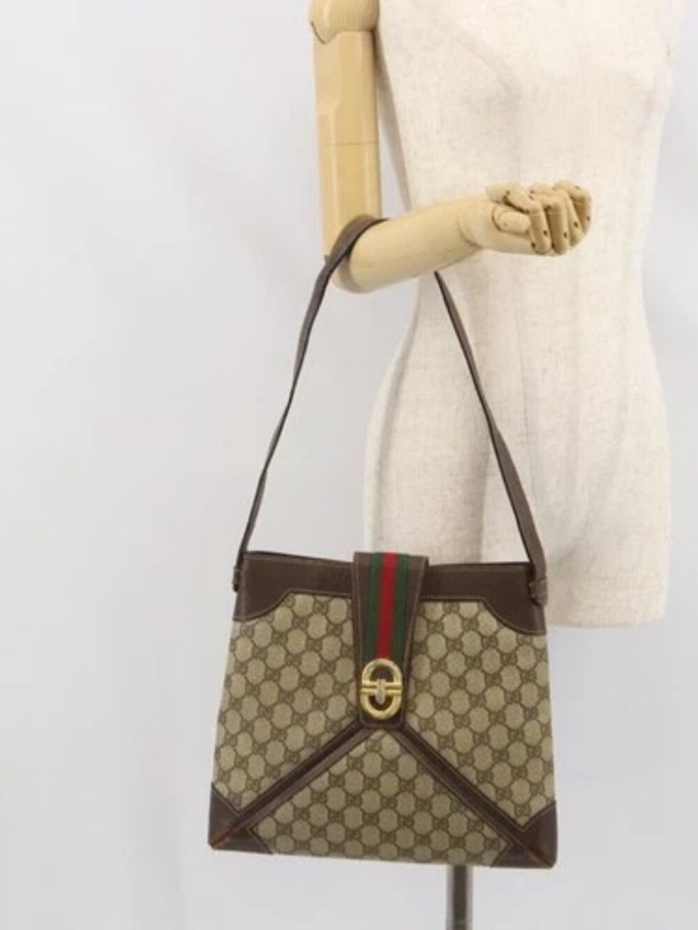 GUCCI GG Supreme Web Sherry Line Shoulder Bag PVC Beige Gold 201446 Auth 166734 - Picture 15 of 16